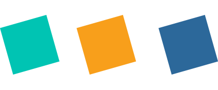 Trois carrés de couleur (turquoise, orange et bleu)