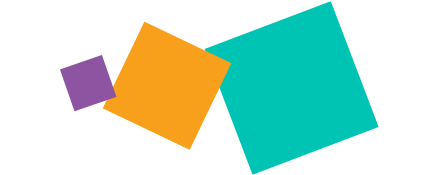 Three squares (purple, orange and teal) placed side by side