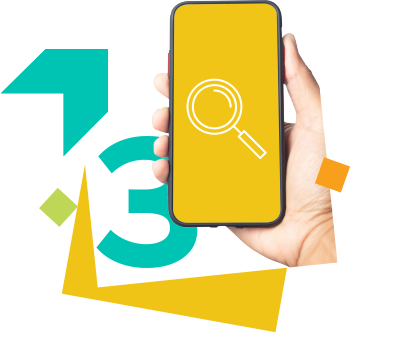 Image d'un cellulaire avec une loupe sur l'écran, et du chiffre 3